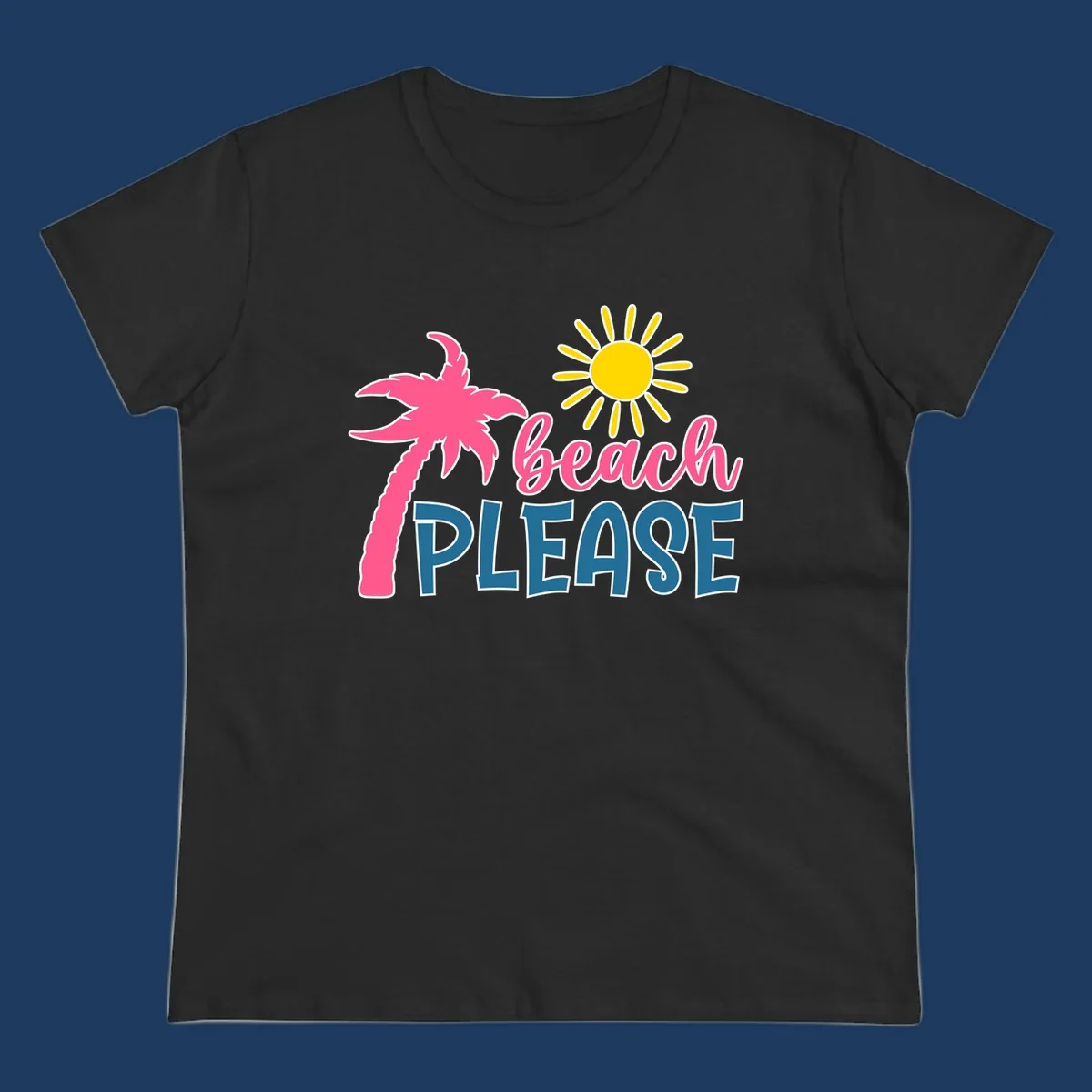 Beach please tropical design with hot pink palm tree, yellow sun, and text on gray background