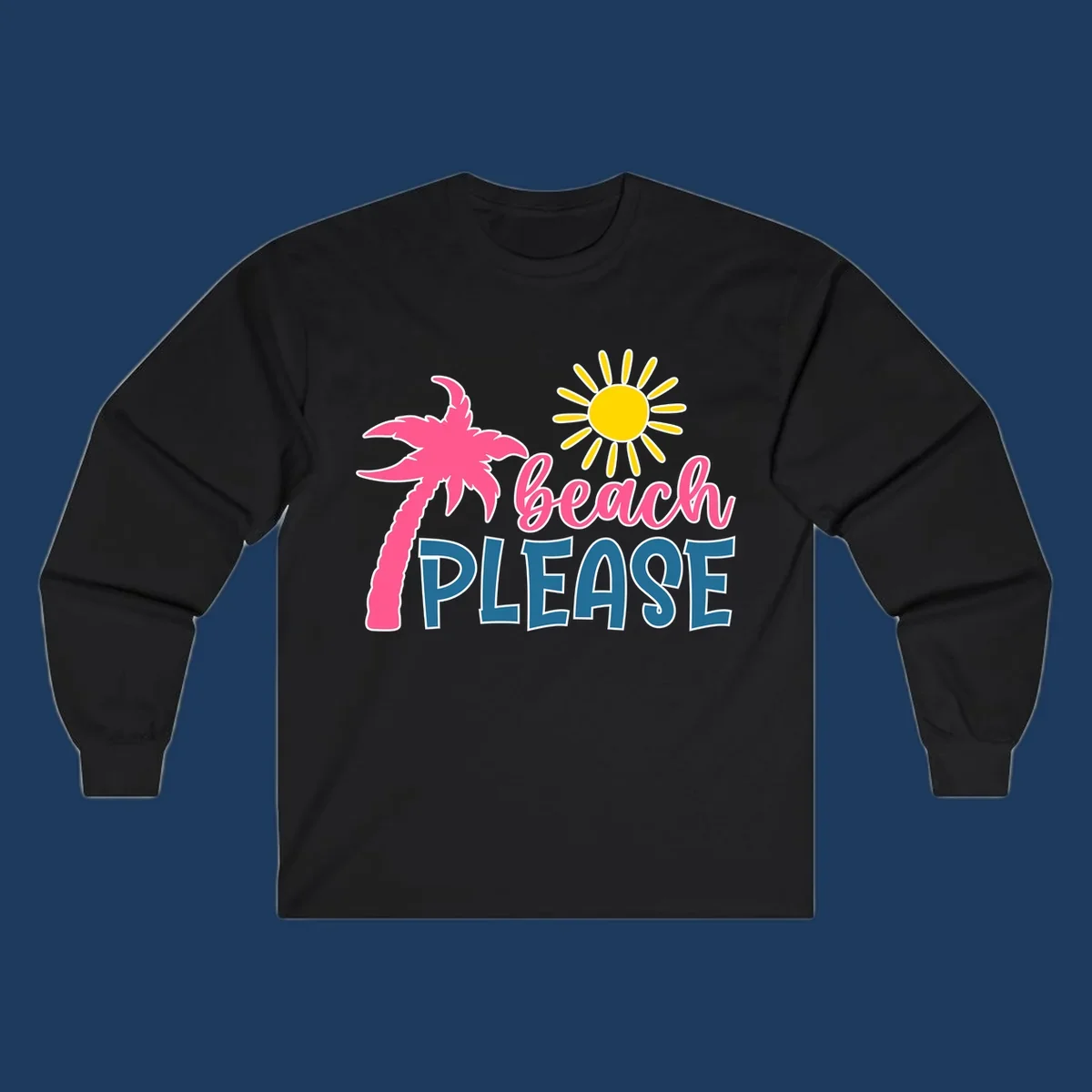 Beach please tropical design with hot pink palm tree, yellow sun, and text on gray background