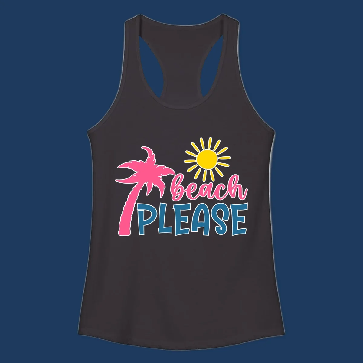 Beach please tropical design with hot pink palm tree, yellow sun, and text on gray background