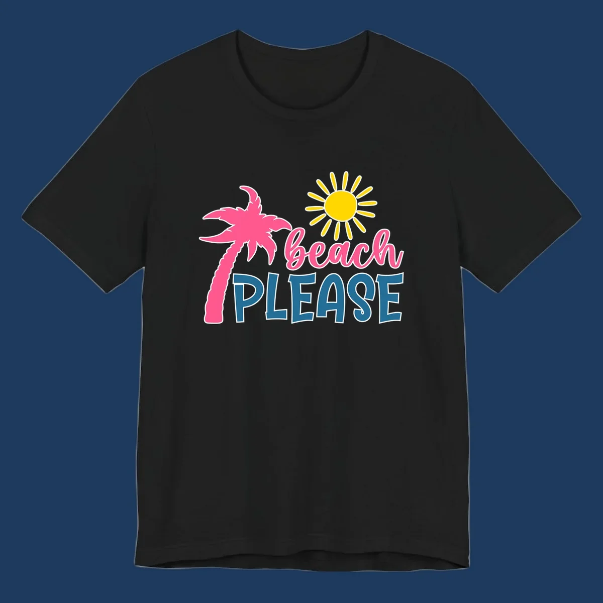 Beach please tropical design with hot pink palm tree, yellow sun, and text on gray background