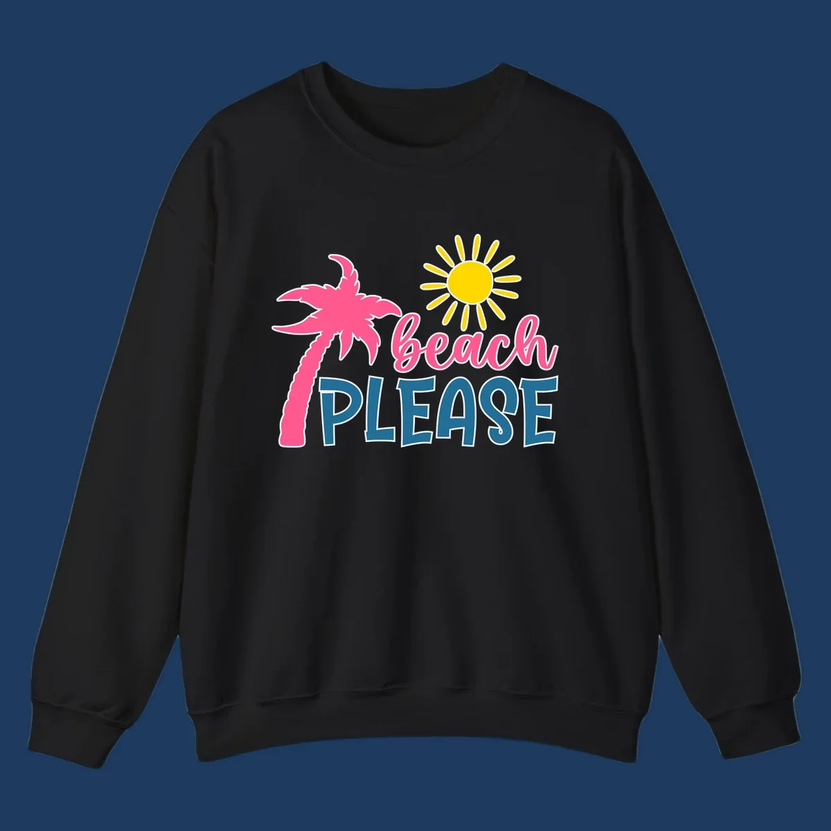 Beach please tropical design with hot pink palm tree, yellow sun, and text on gray background