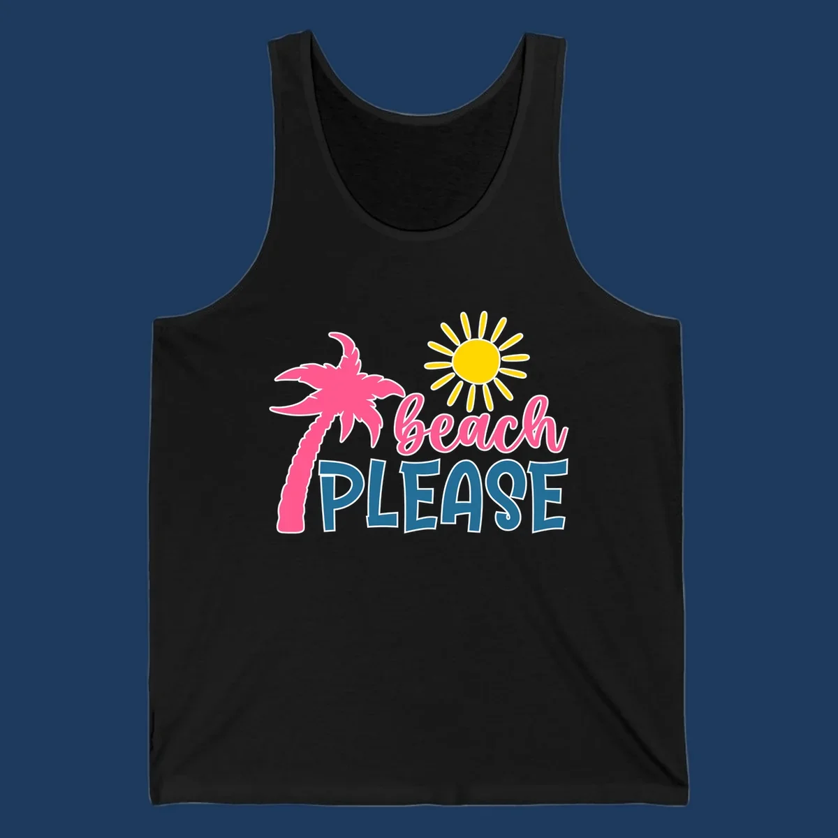 Beach please tropical design with hot pink palm tree, yellow sun, and text on gray background