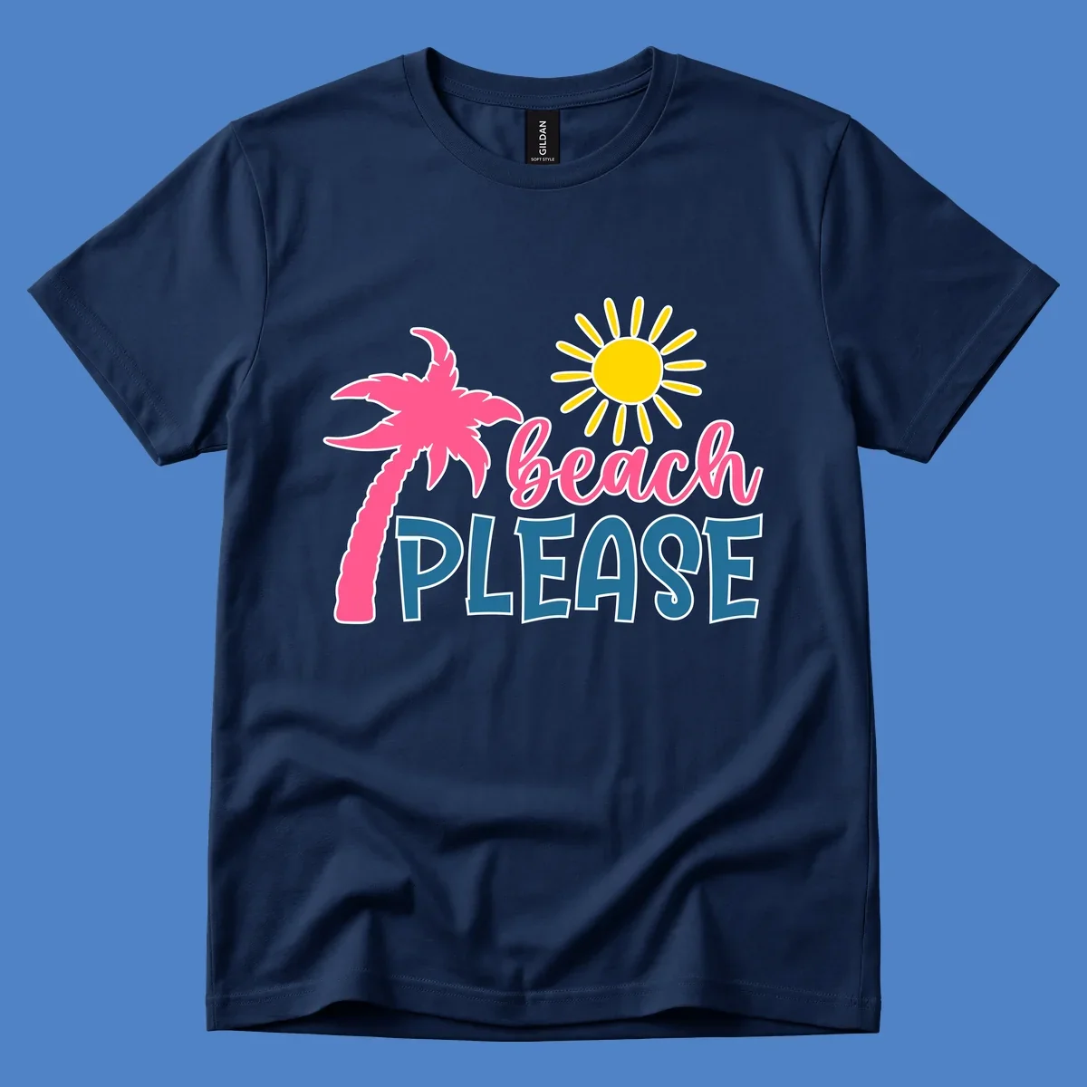 Beach please tropical design with hot pink palm tree, yellow sun, and text on gray background