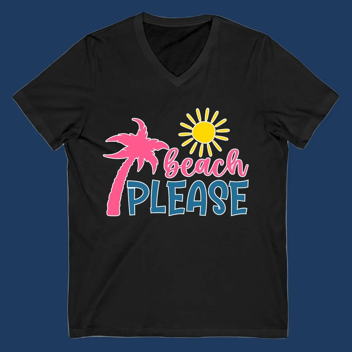 Beach please tropical design with hot pink palm tree, yellow sun, and text on gray background