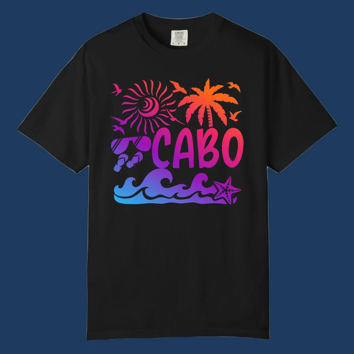 Cabo tropical sunset design with palm tree, ocean waves, starfish, and colorful gradient from blue to orange