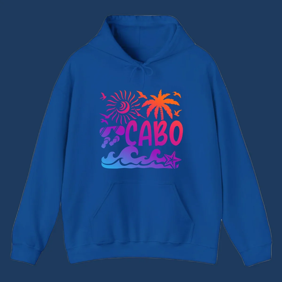 Cabo tropical sunset design with palm tree, ocean waves, starfish, and colorful gradient from blue to orange