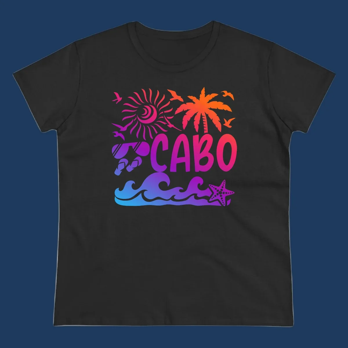 Cabo tropical sunset design with palm tree, ocean waves, starfish, and colorful gradient from blue to orange