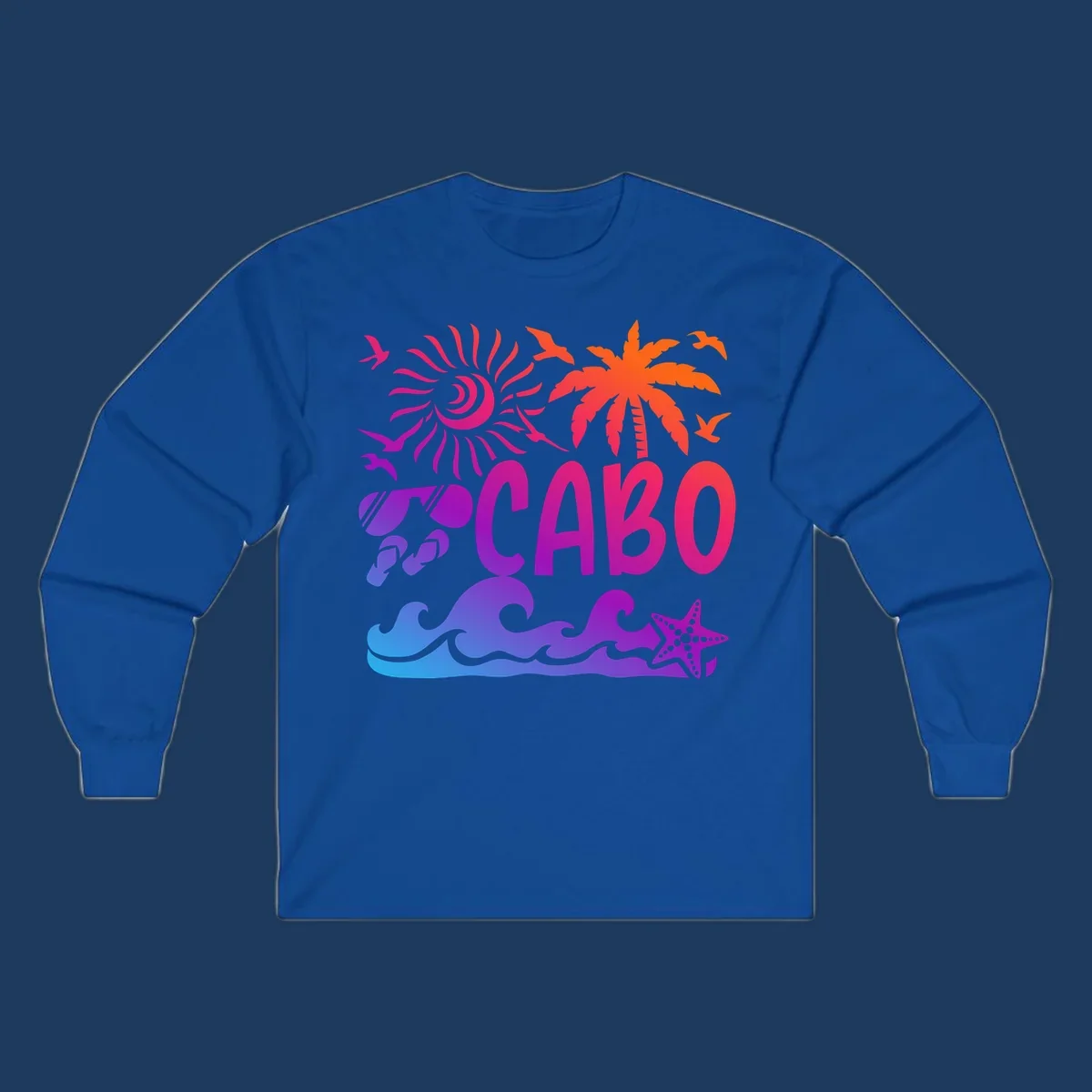 Cabo tropical sunset design with palm tree, ocean waves, starfish, and colorful gradient from blue to orange