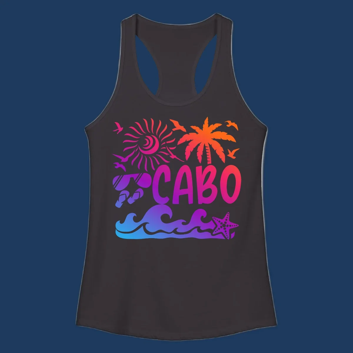 Cabo tropical sunset design with palm tree, ocean waves, starfish, and colorful gradient from blue to orange