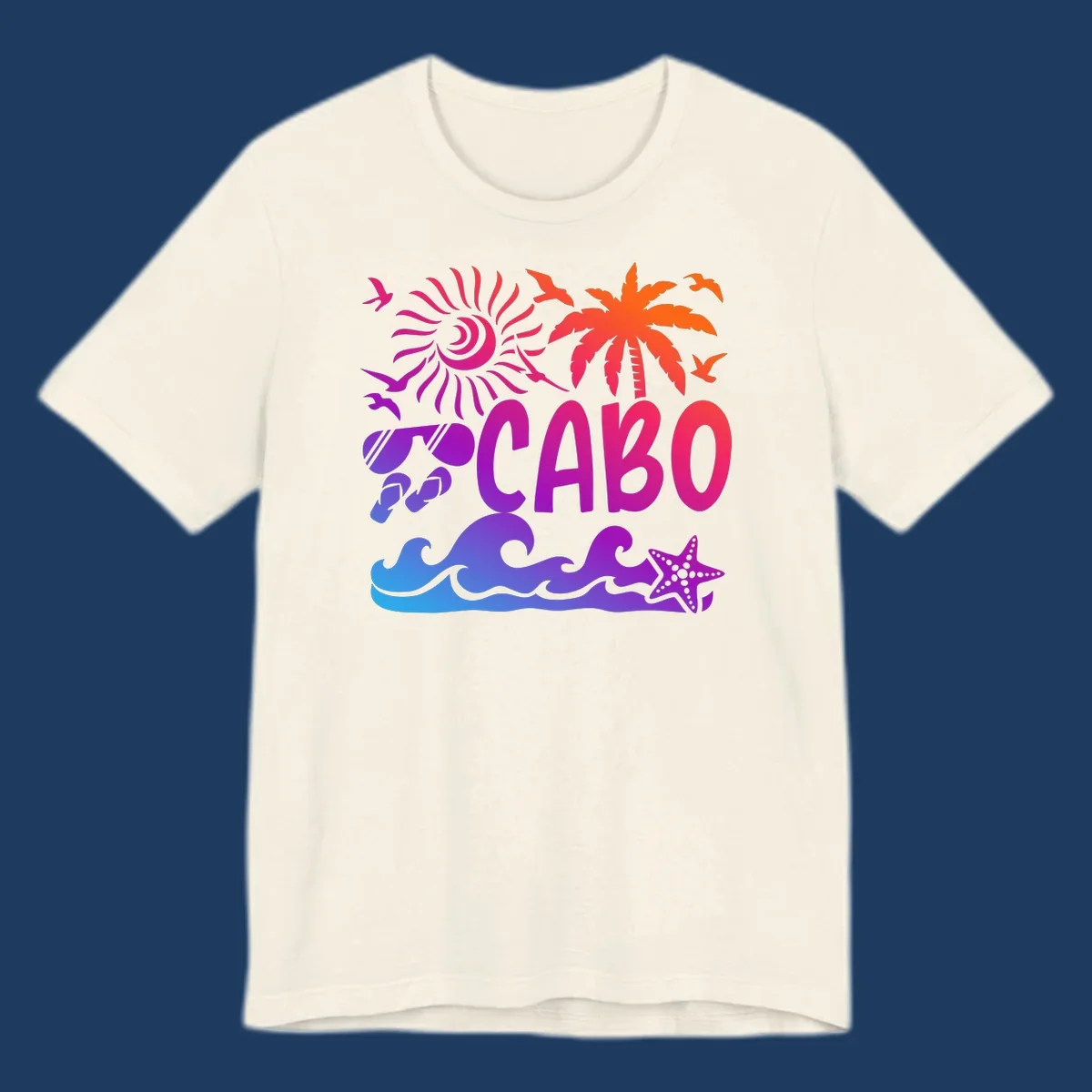 Cabo tropical sunset design with palm tree, ocean waves, starfish, and colorful gradient from blue to orange