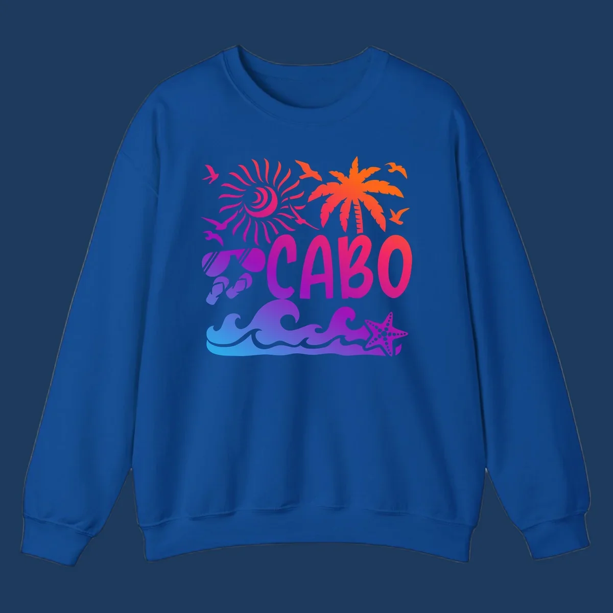 Cabo tropical sunset design with palm tree, ocean waves, starfish, and colorful gradient from blue to orange