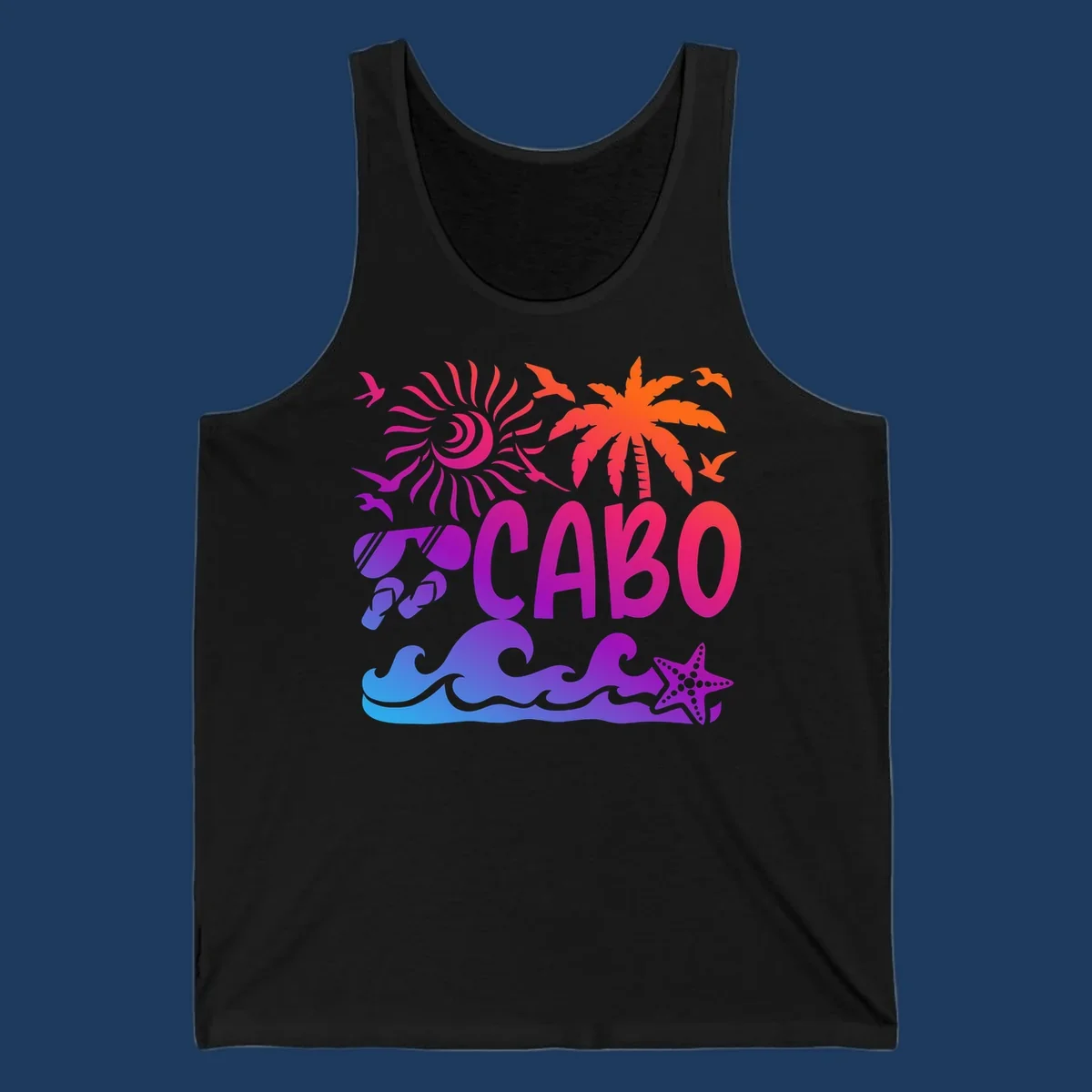 Cabo tropical sunset design with palm tree, ocean waves, starfish, and colorful gradient from blue to orange