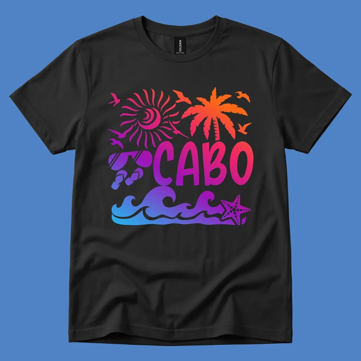 Cabo tropical sunset design with palm tree, ocean waves, starfish, and colorful gradient from blue to orange