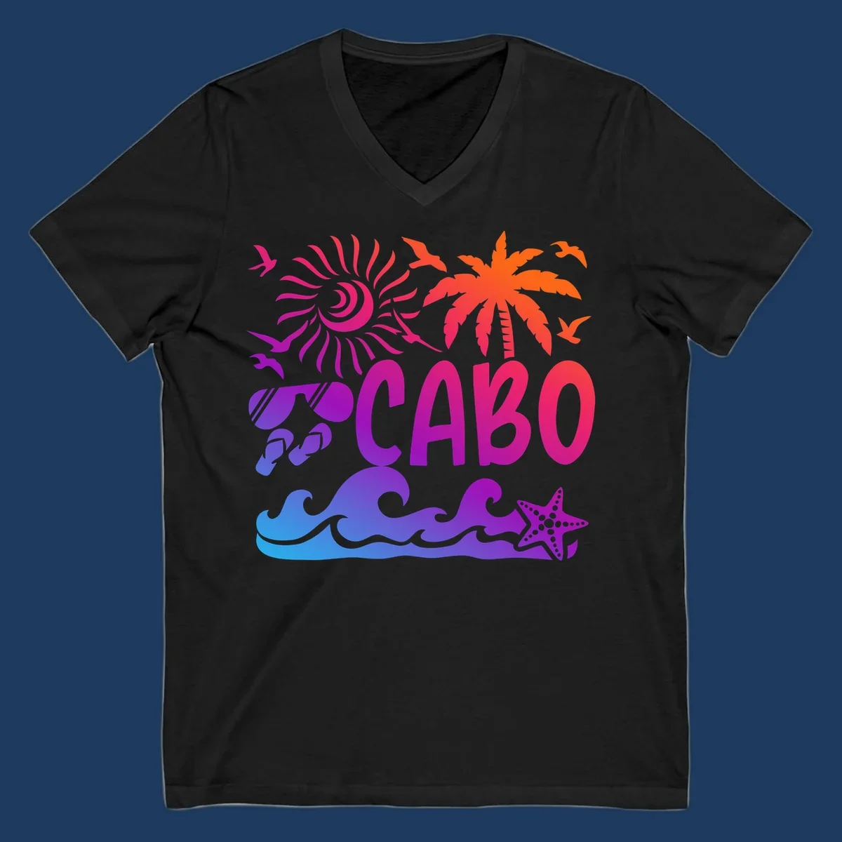Cabo tropical sunset design with palm tree, ocean waves, starfish, and colorful gradient from blue to orange