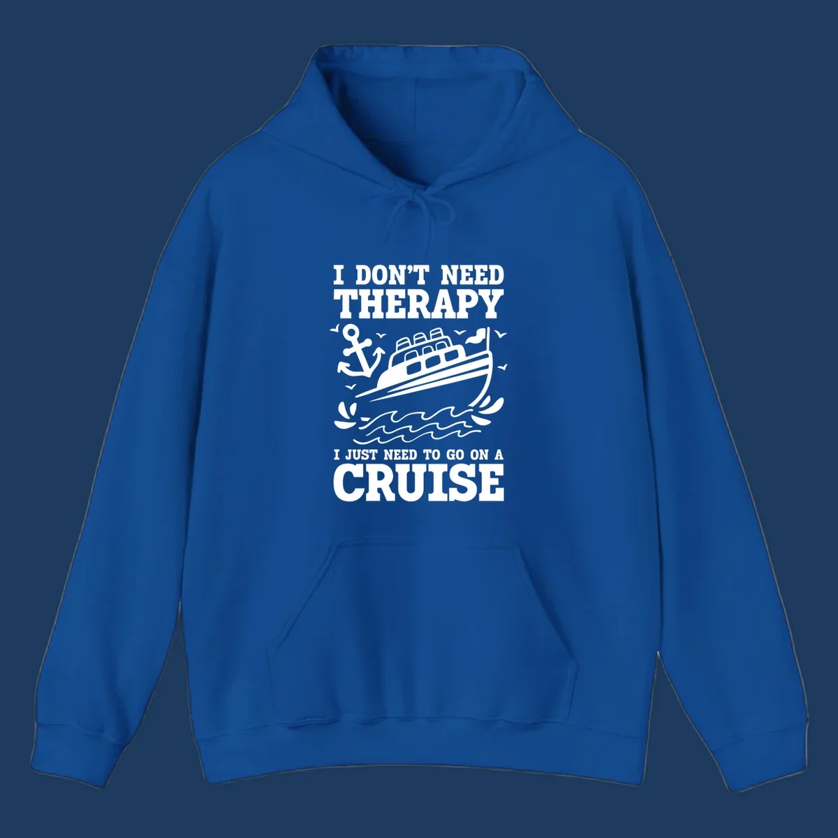 Humorous cruise ship design with text reading 'I don't need therapy, I just need to go on a cruise' featuring anchor, waves, and seagulls.