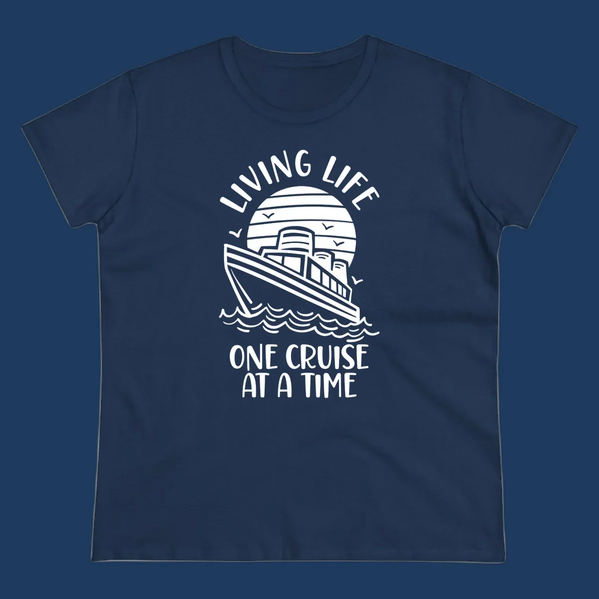 Line art illustration of a cruise ship on ocean waves with sunset, text reading 'Living Life One Cruise At A Time'