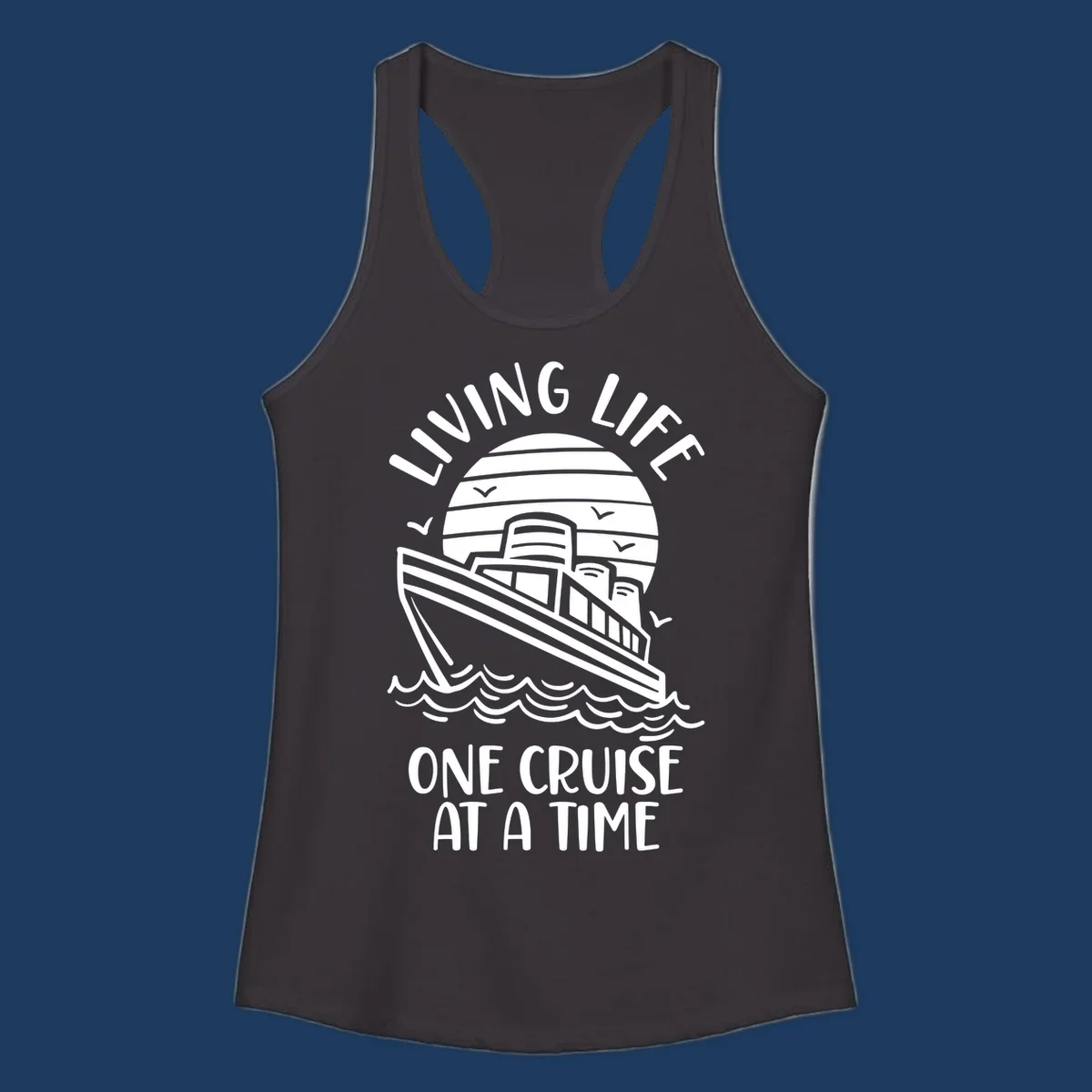 Line art illustration of a cruise ship on ocean waves with sunset, text reading 'Living Life One Cruise At A Time'
