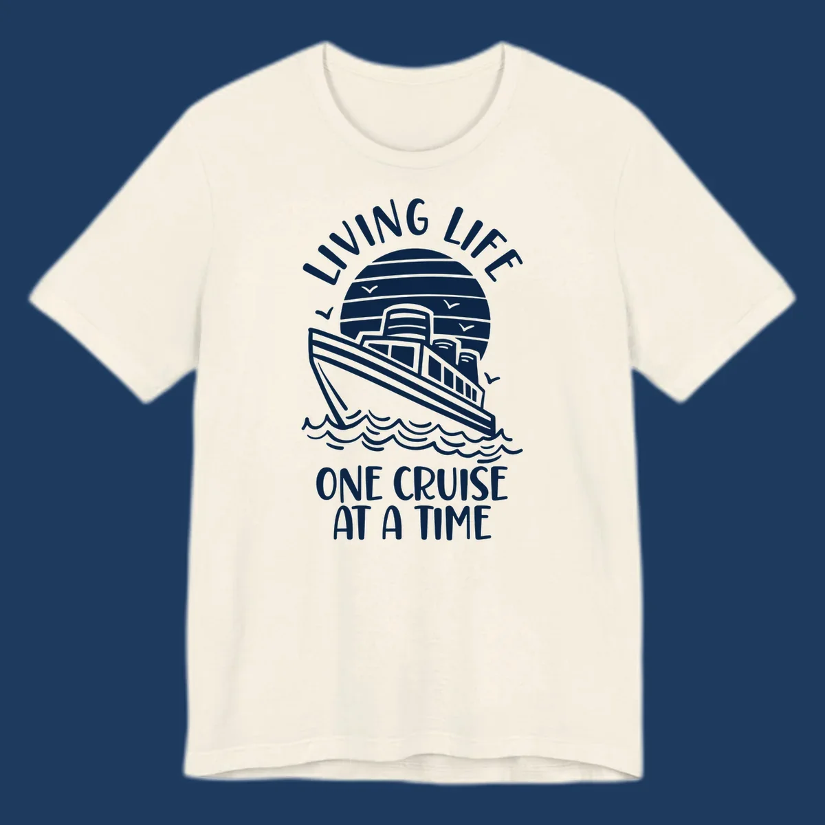 Line art illustration of a cruise ship on ocean waves with sunset, text reading 'Living Life One Cruise At A Time'