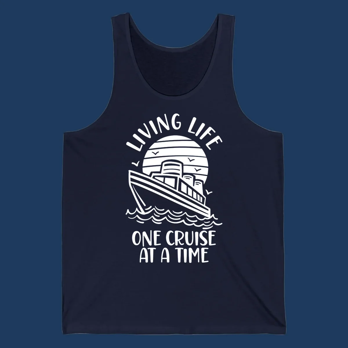 Line art illustration of a cruise ship on ocean waves with sunset, text reading 'Living Life One Cruise At A Time'