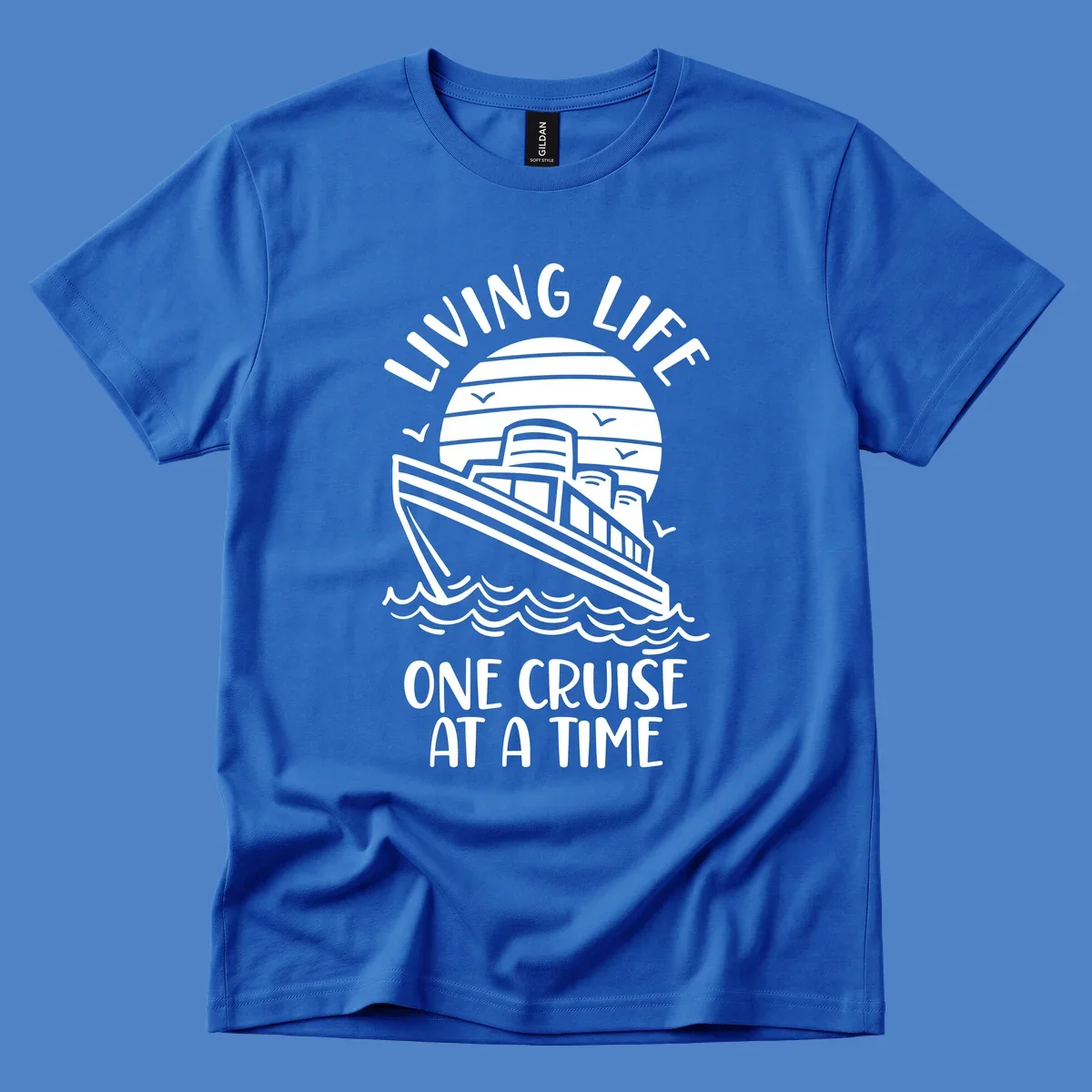 Line art illustration of a cruise ship on ocean waves with sunset, text reading 'Living Life One Cruise At A Time'