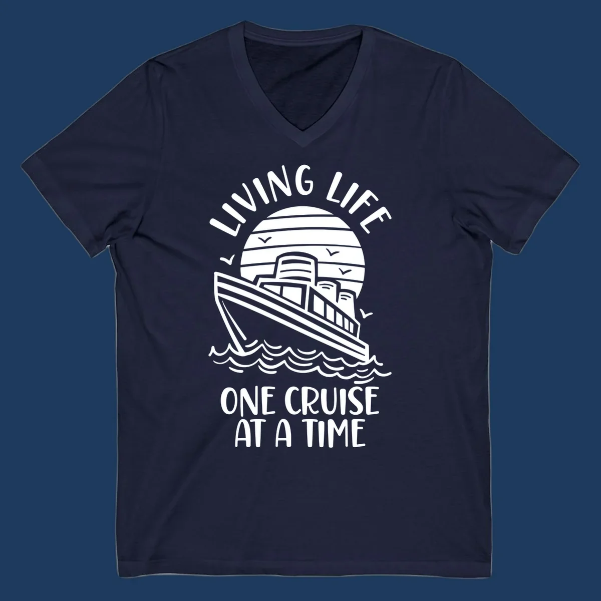 Line art illustration of a cruise ship on ocean waves with sunset, text reading 'Living Life One Cruise At A Time'