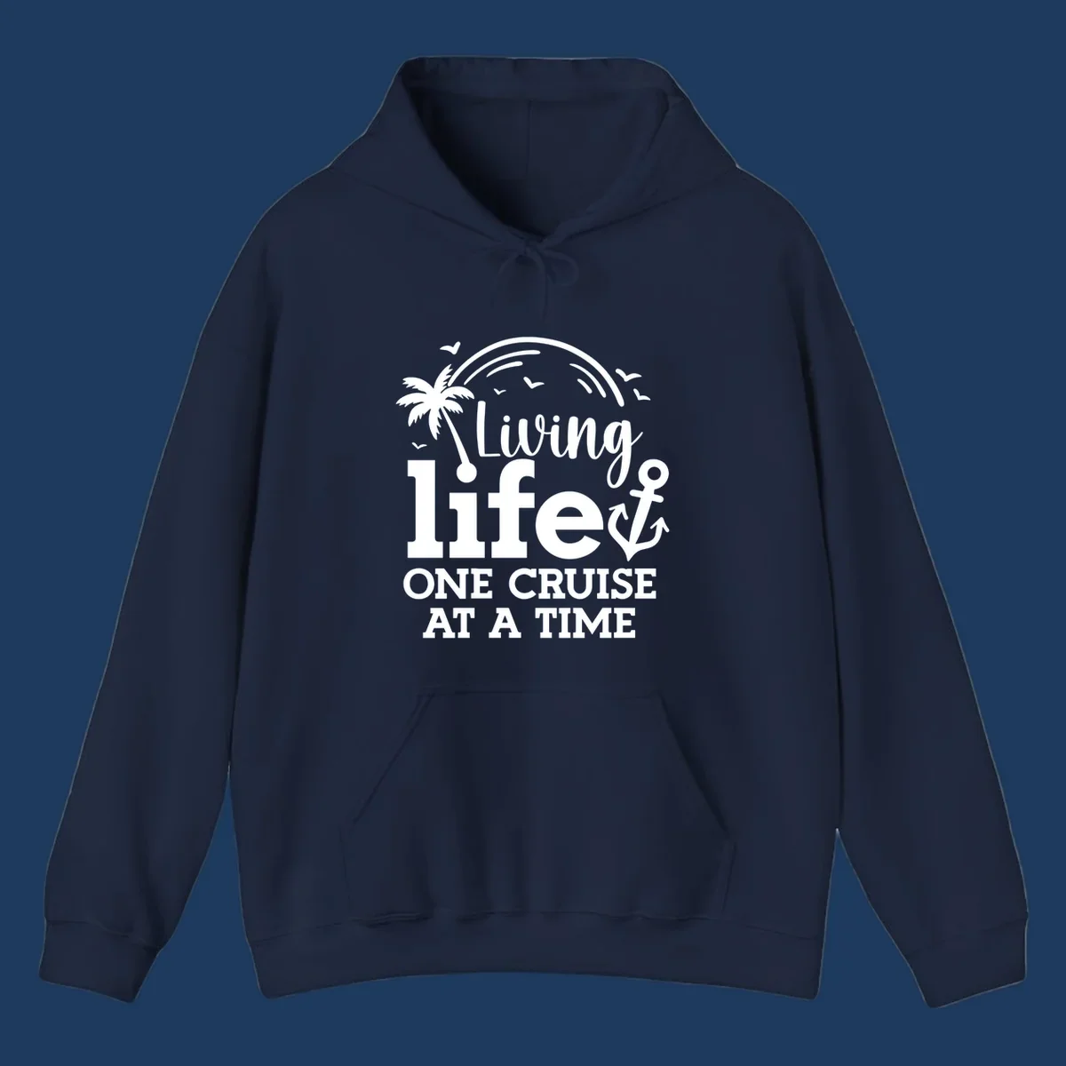White tropical design with palm tree, anchor, rainbow and seagulls surrounding text 'Living life ONE CRUISE AT A TIME' on gray background