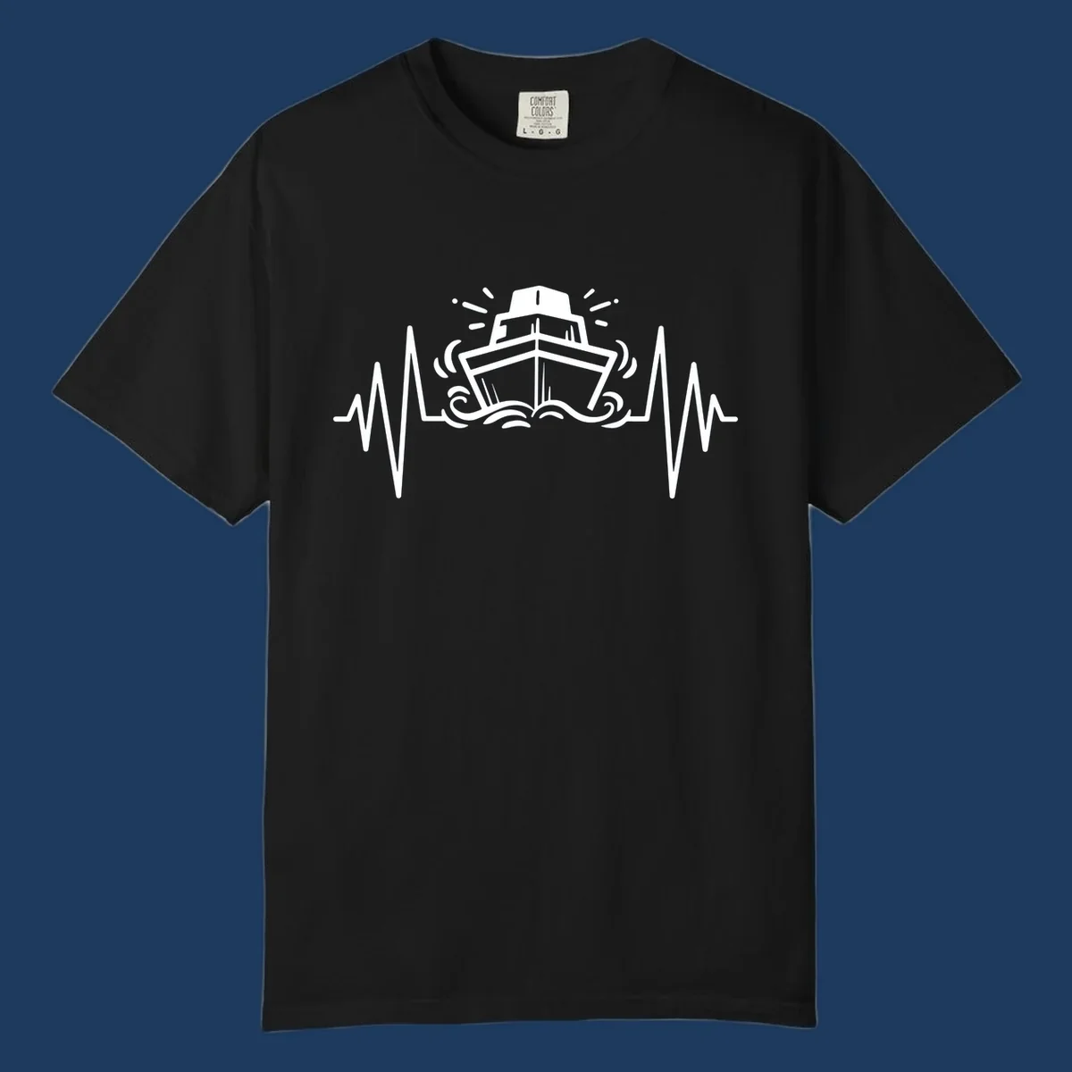White line illustration of a cruise ship with heartbeat EKG lines extending from both sides and ocean waves below, on gray background.