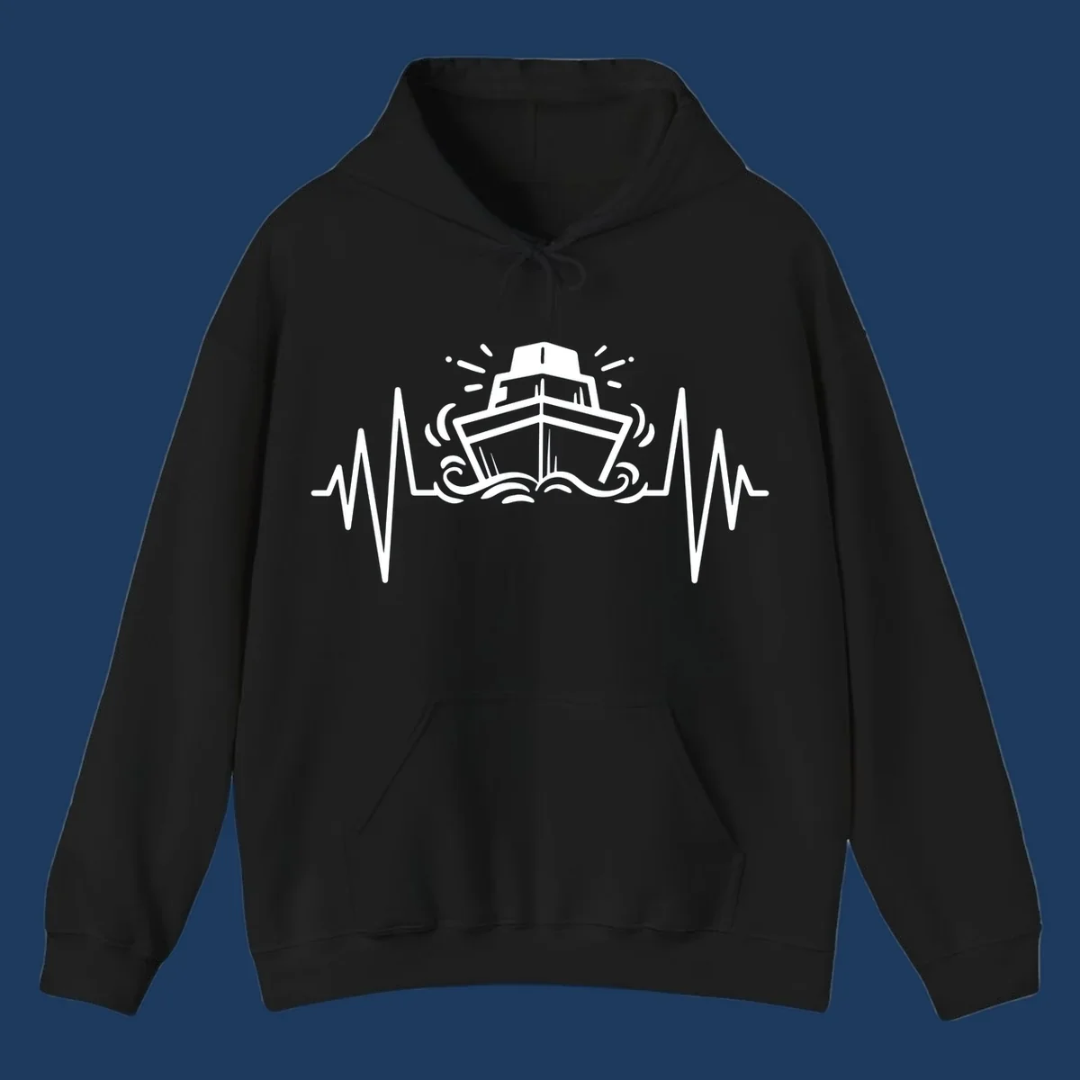 White line illustration of a cruise ship with heartbeat EKG lines extending from both sides and ocean waves below, on gray background.