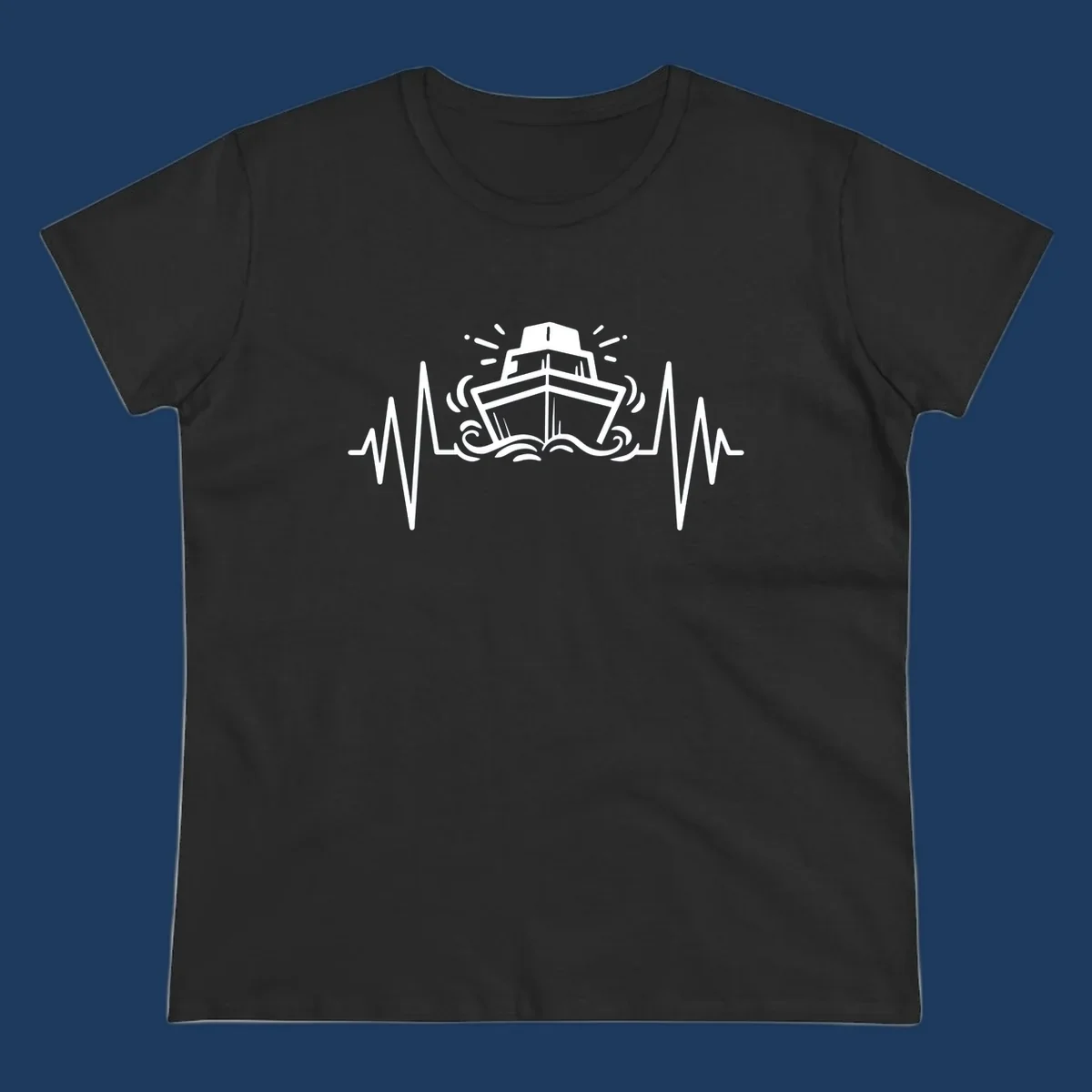 White line illustration of a cruise ship with heartbeat EKG lines extending from both sides and ocean waves below, on gray background.
