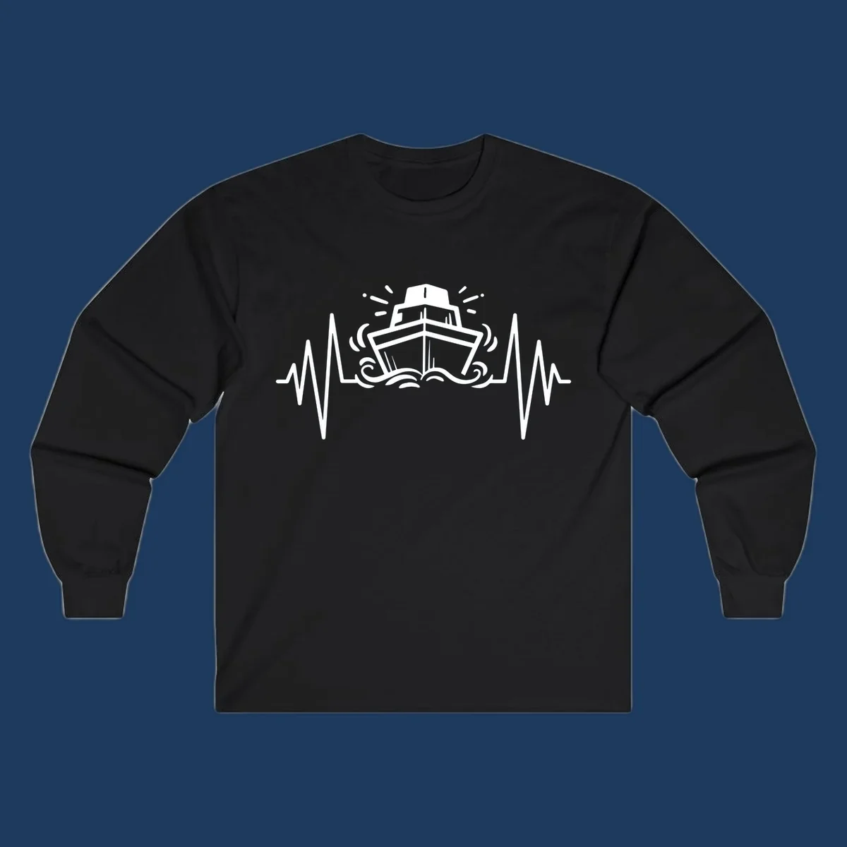 White line illustration of a cruise ship with heartbeat EKG lines extending from both sides and ocean waves below, on gray background.