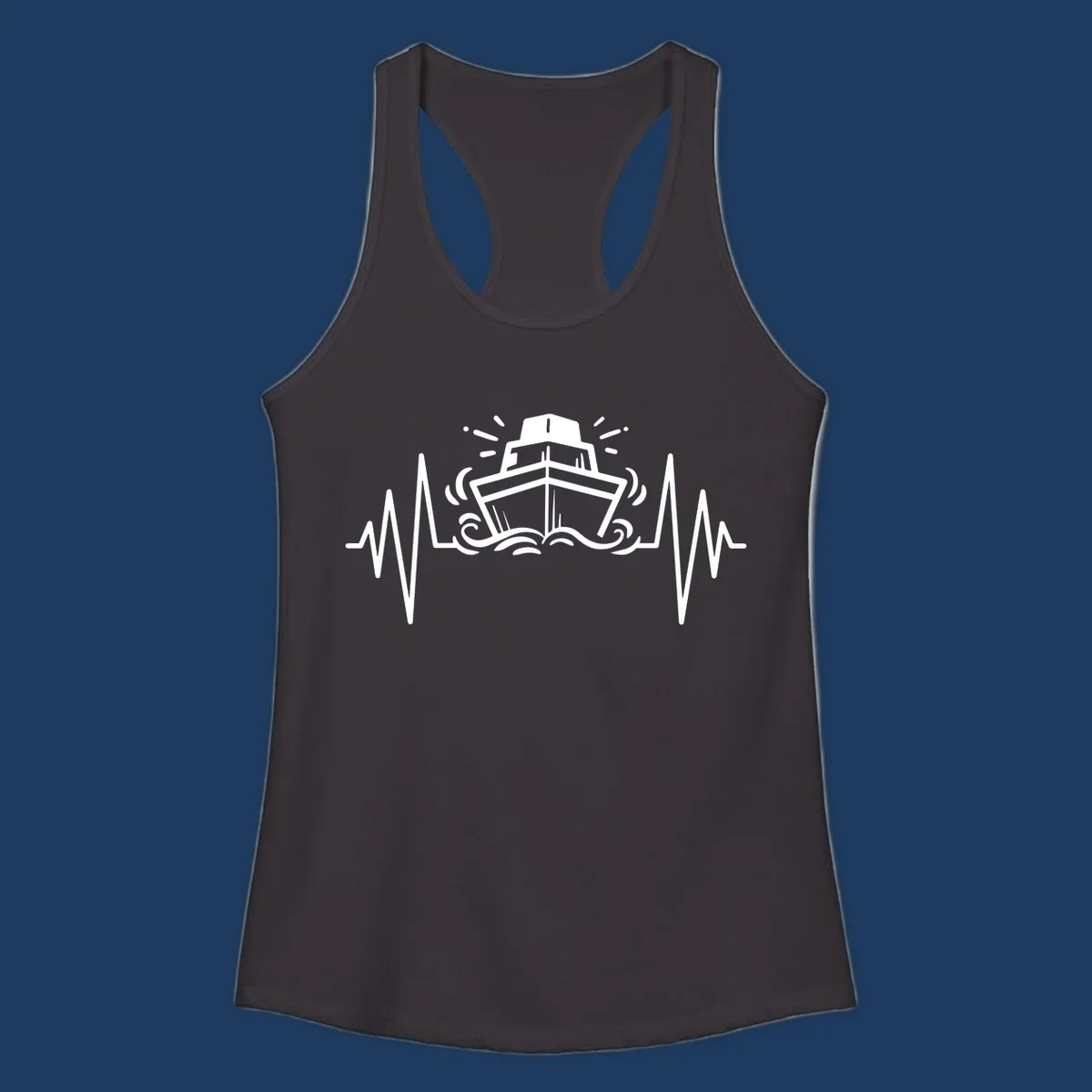 White line illustration of a cruise ship with heartbeat EKG lines extending from both sides and ocean waves below, on gray background.