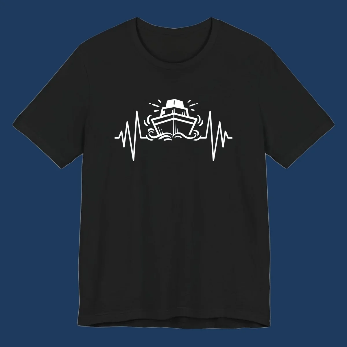 White line illustration of a cruise ship with heartbeat EKG lines extending from both sides and ocean waves below, on gray background.