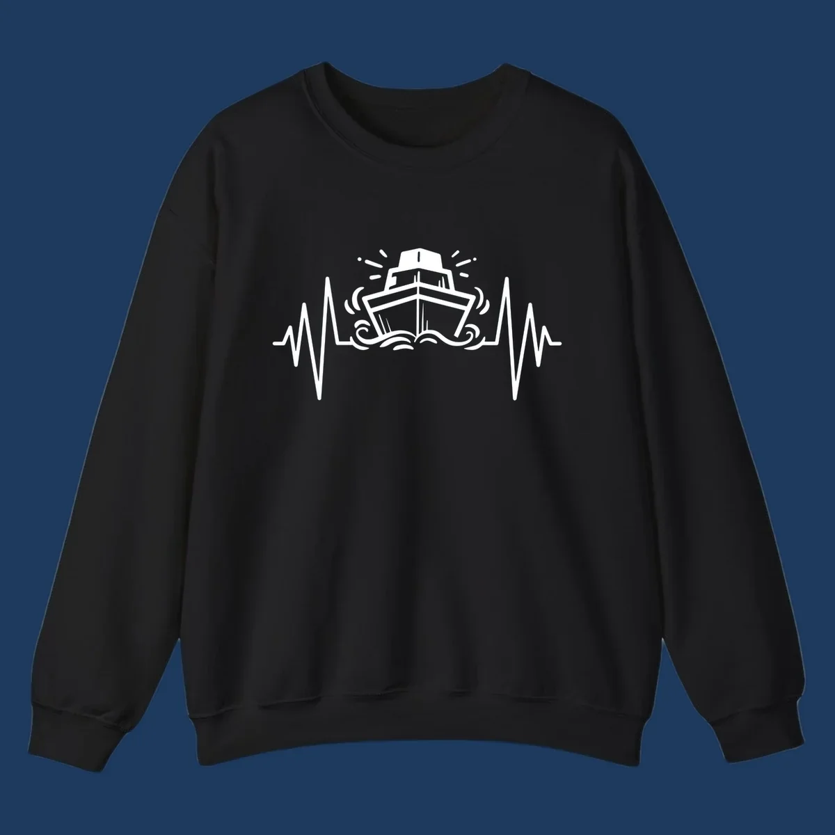 White line illustration of a cruise ship with heartbeat EKG lines extending from both sides and ocean waves below, on gray background.
