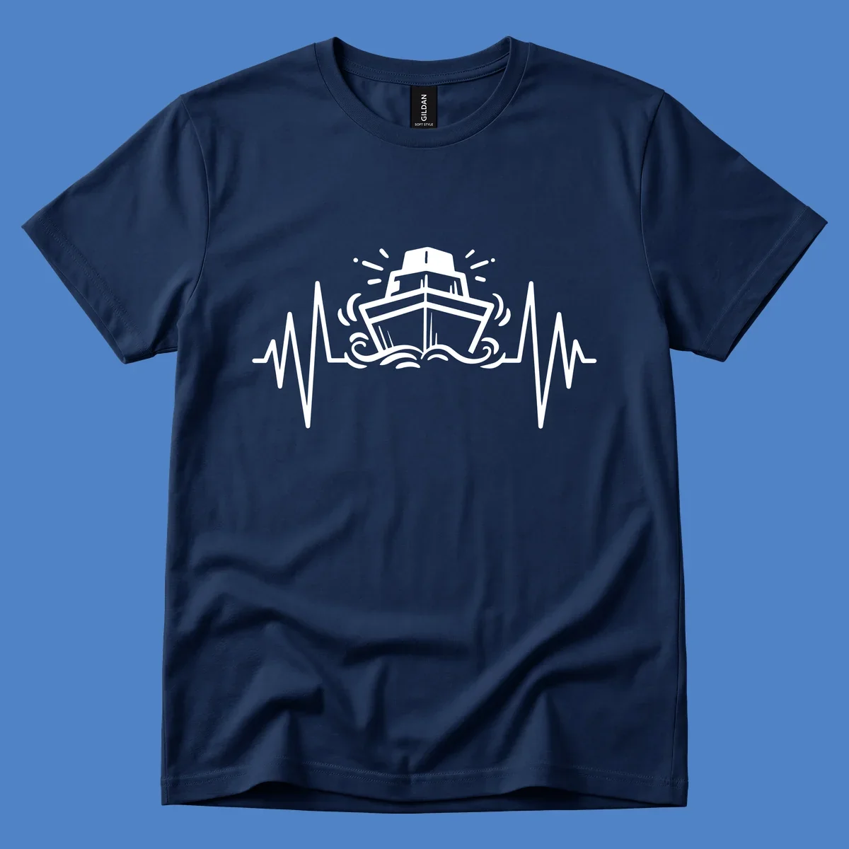 White line illustration of a cruise ship with heartbeat EKG lines extending from both sides and ocean waves below, on gray background.