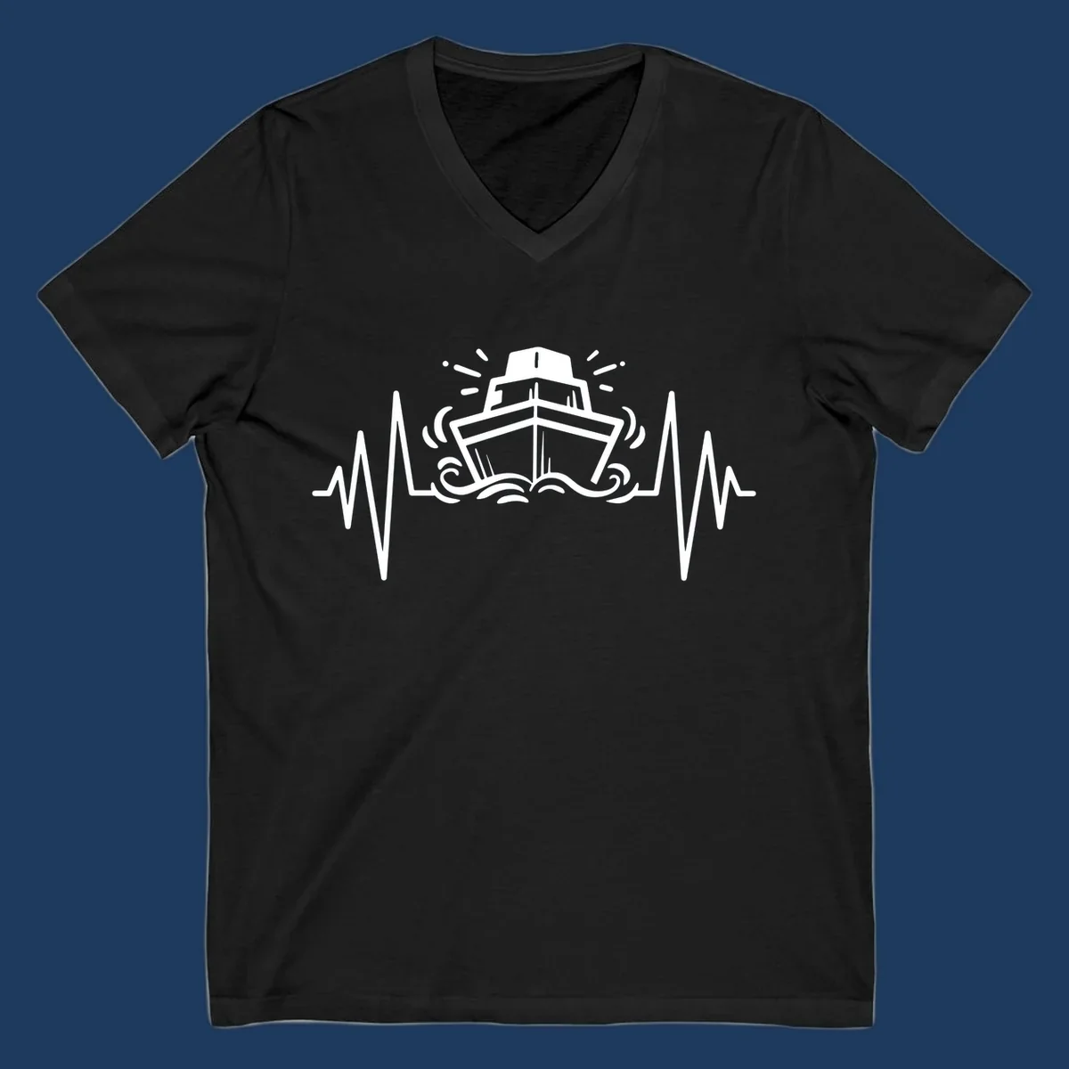 White line illustration of a cruise ship with heartbeat EKG lines extending from both sides and ocean waves below, on gray background.