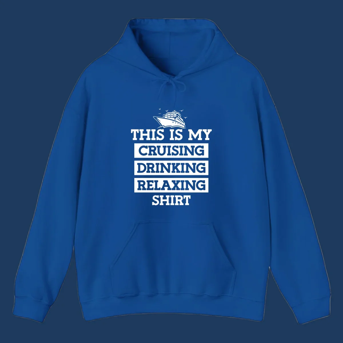 Gray shirt design with white cruise ship illustration and text reading 'This Is My Cruising Drinking Relaxing Shirt'
