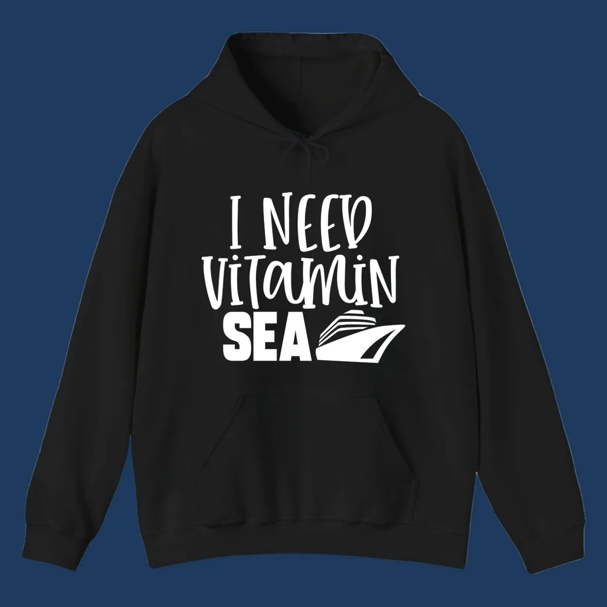 White text reading 'I Need Vitamin Sea' with a stylized cruise ship illustration on gray background