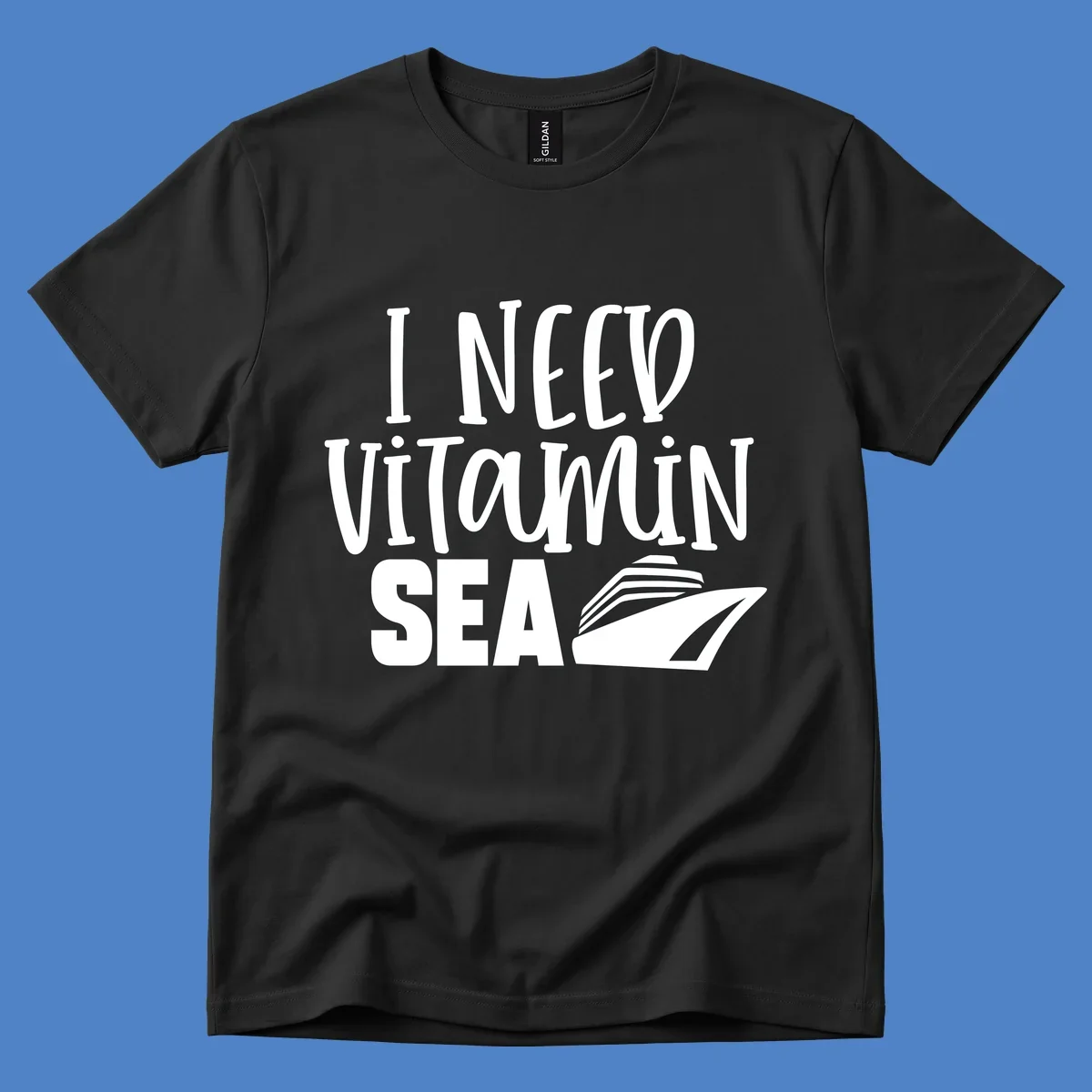 White text reading 'I Need Vitamin Sea' with a stylized cruise ship illustration on gray background