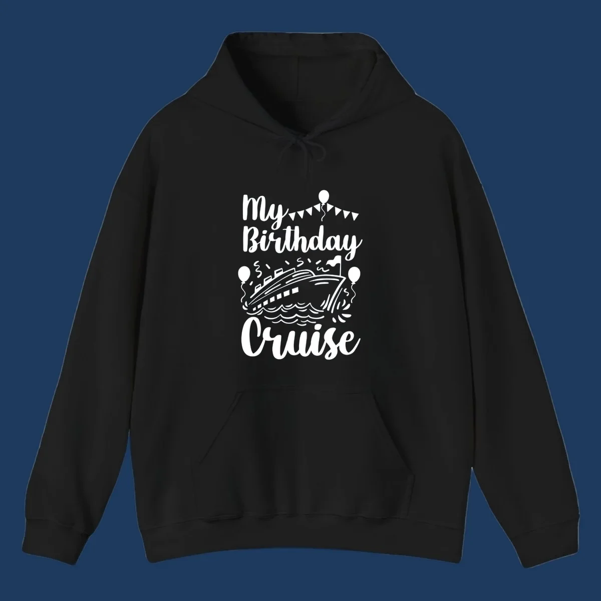 Birthday cruise celebration design with ship, waves, balloons and bunting flags with text 'My Birthday Cruise'
