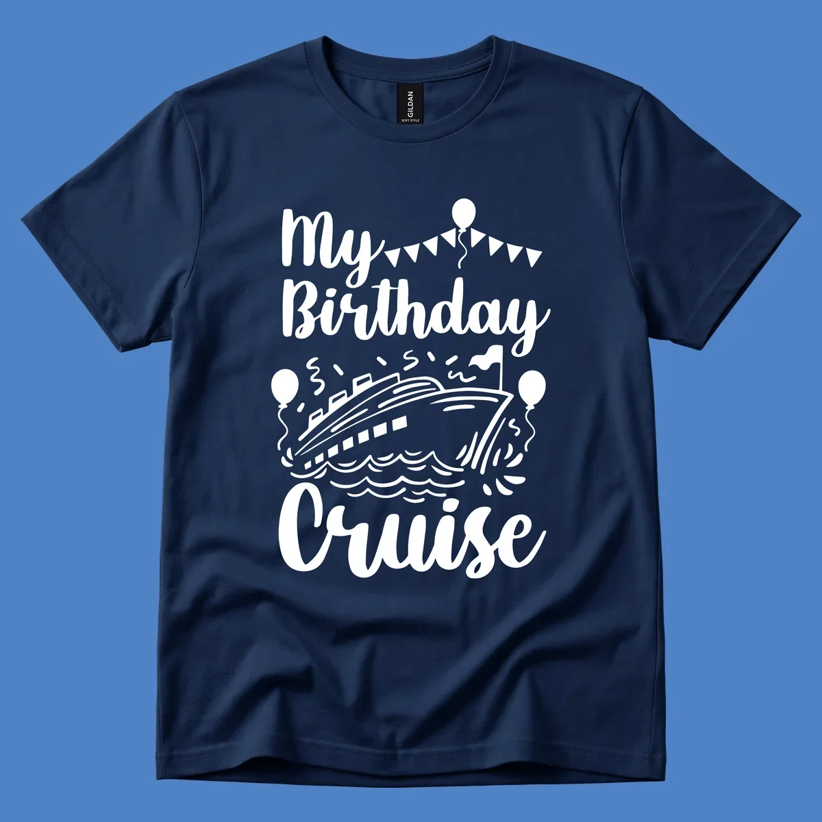 Birthday cruise celebration design with ship, waves, balloons and bunting flags with text 'My Birthday Cruise'