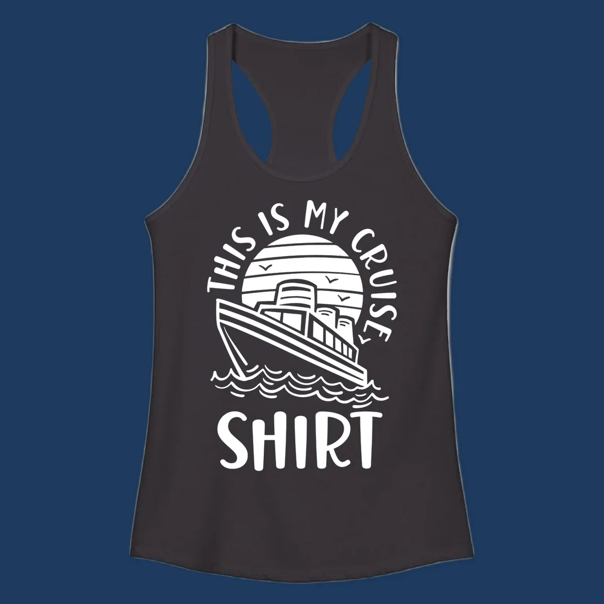 Vintage-style cruise ship illustration with circular striped background and 'This Is My Cruise Ship' text wrapping around the design