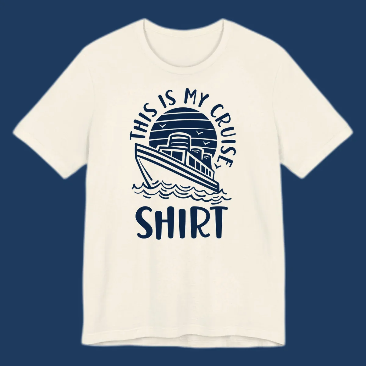 Vintage-style cruise ship illustration with circular striped background and 'This Is My Cruise Ship' text wrapping around the design