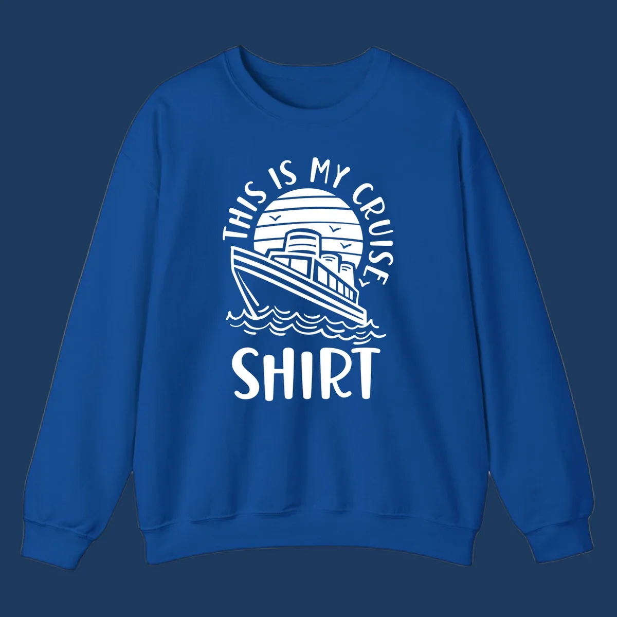 Vintage-style cruise ship illustration with circular striped background and 'This Is My Cruise Ship' text wrapping around the design