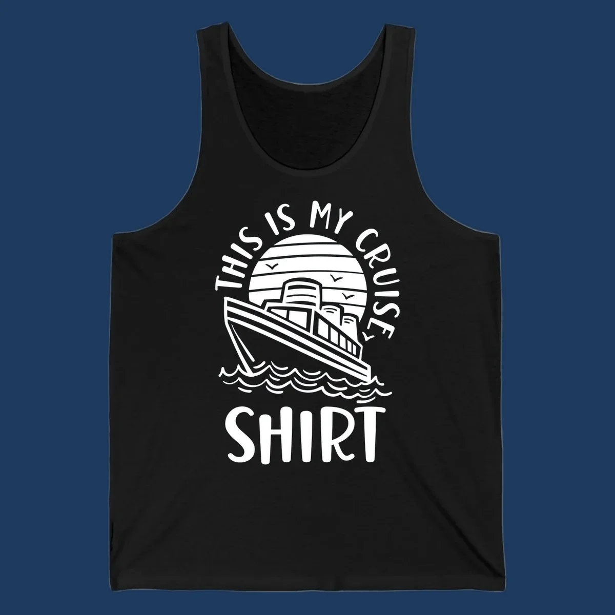 Vintage-style cruise ship illustration with circular striped background and 'This Is My Cruise Ship' text wrapping around the design
