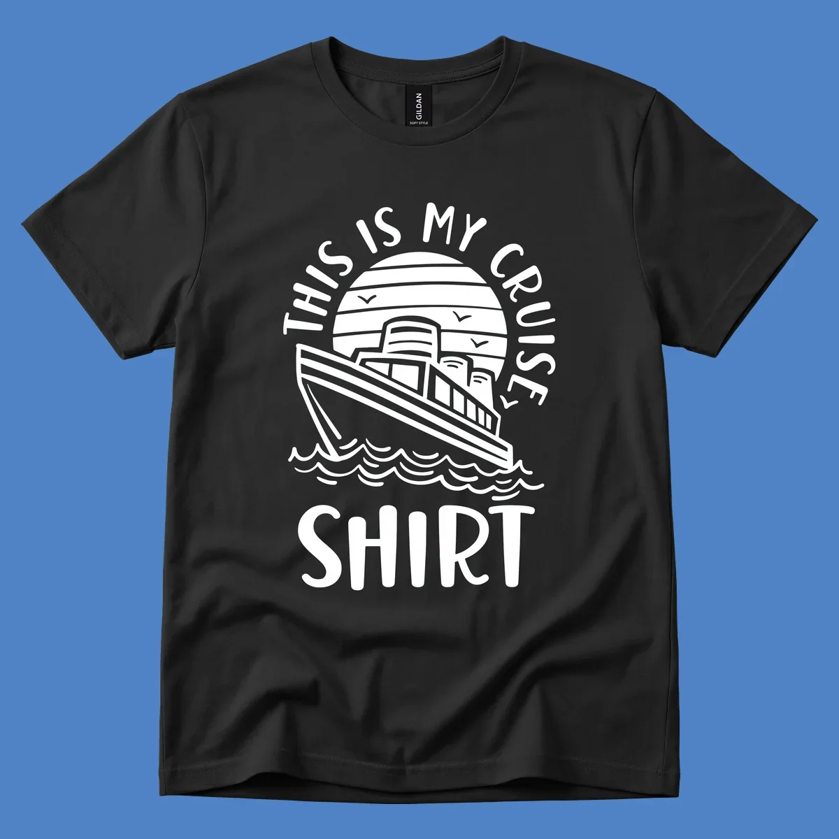 Vintage-style cruise ship illustration with circular striped background and 'This Is My Cruise Ship' text wrapping around the design