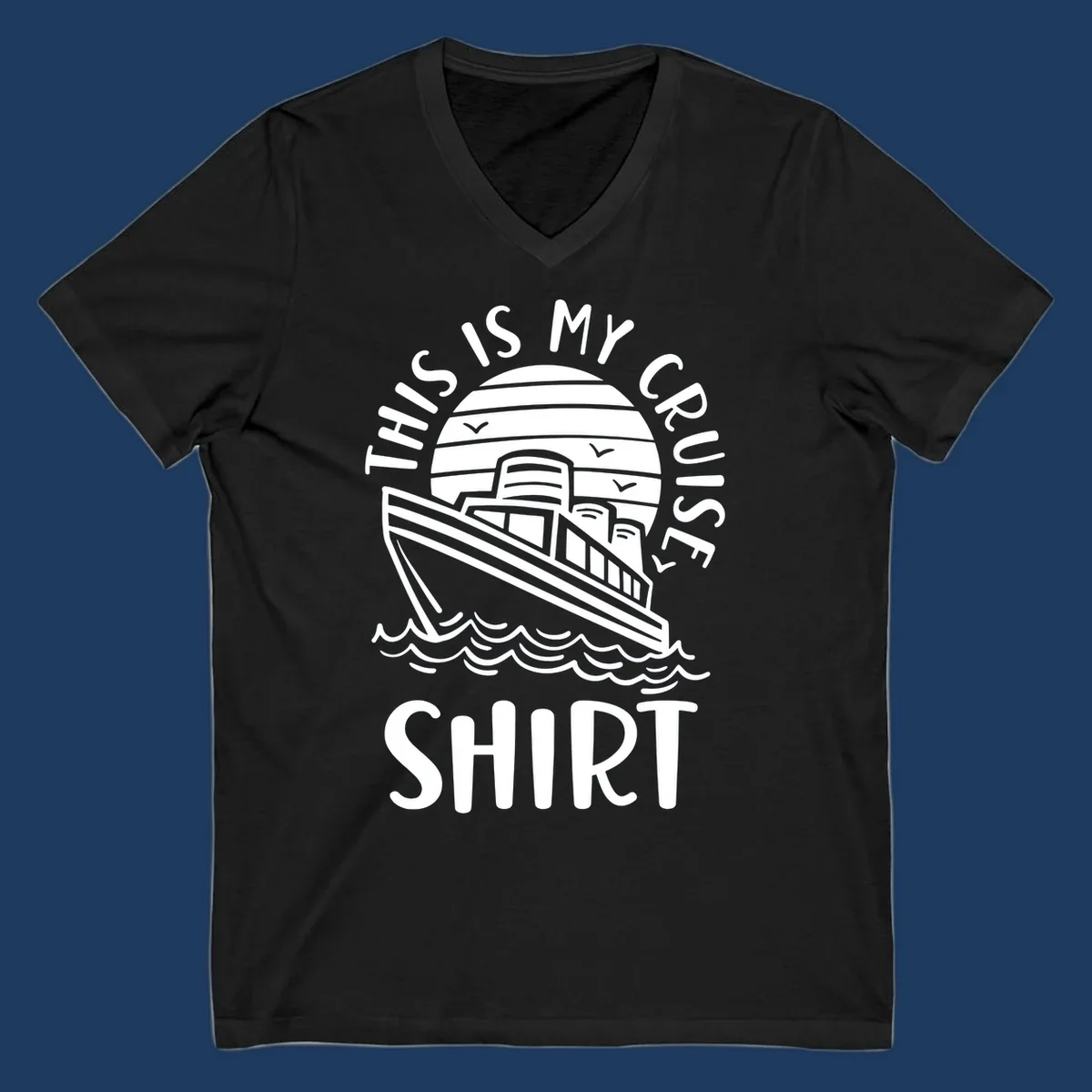 Vintage-style cruise ship illustration with circular striped background and 'This Is My Cruise Ship' text wrapping around the design