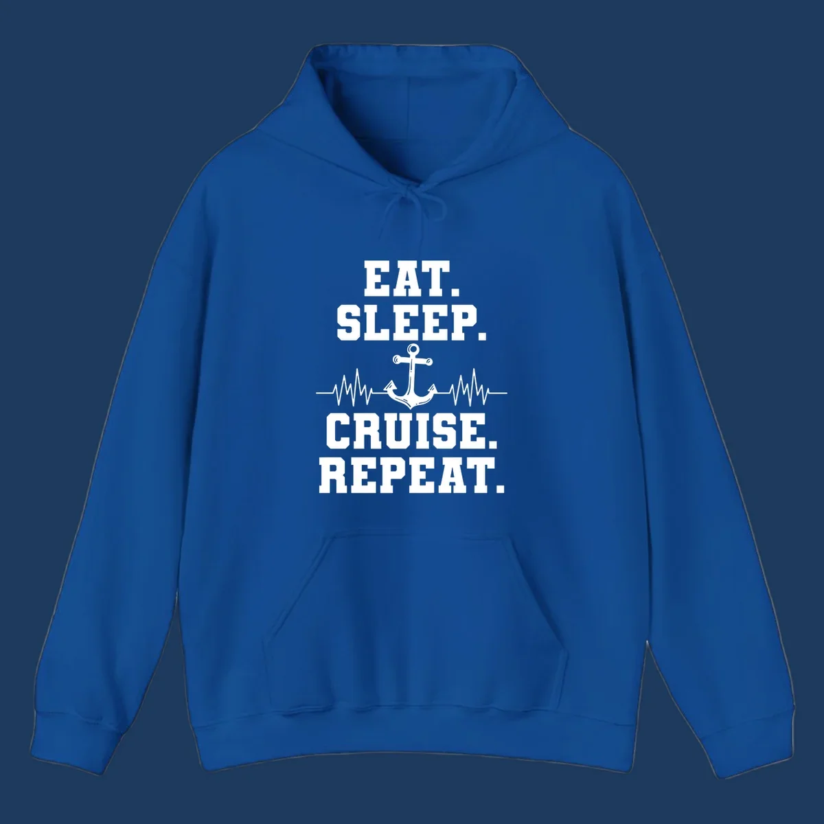 White text reading 'Eat Sleep Cruise Repeat' with anchor and heartbeat pulse line design on gray background