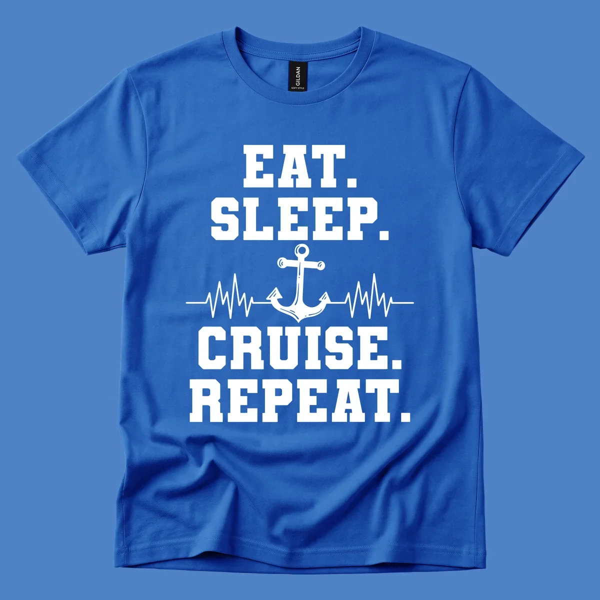 White text reading 'Eat Sleep Cruise Repeat' with anchor and heartbeat pulse line design on gray background
