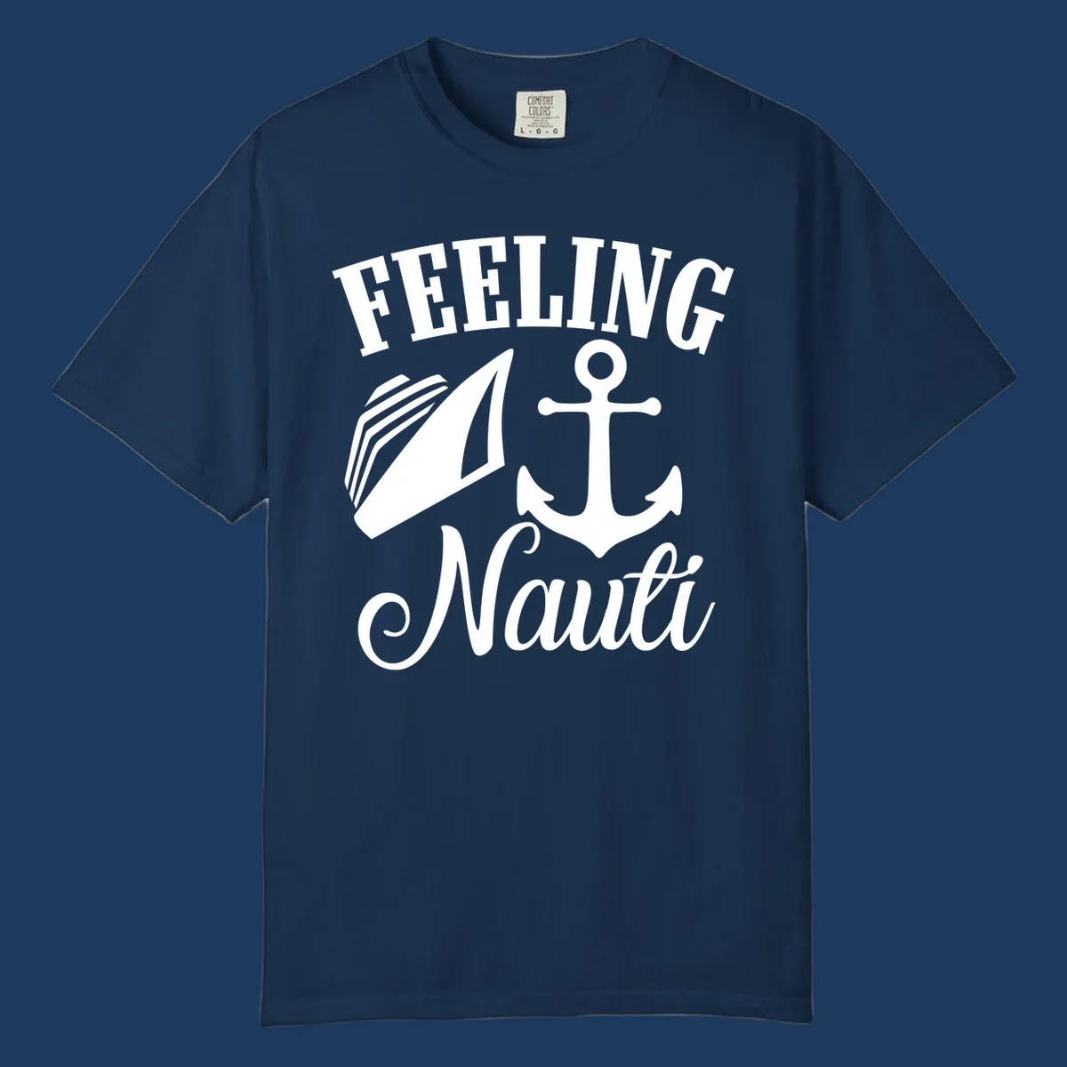 White anchor and sailboat illustration with 'FEELING NAUTI' text on gray background, nautical cruise design