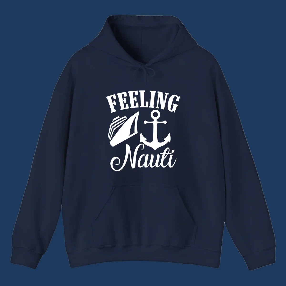 White anchor and sailboat illustration with 'FEELING NAUTI' text on gray background, nautical cruise design
